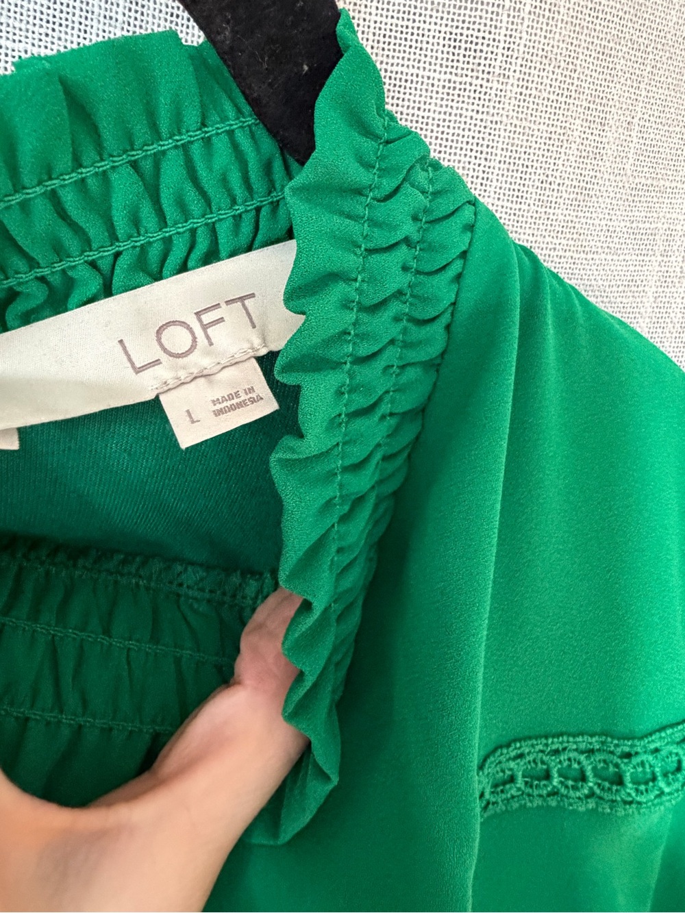 LOFT Emerald Green Smocked Neck Puff Sleeve Blouse - Picture 2 of 2